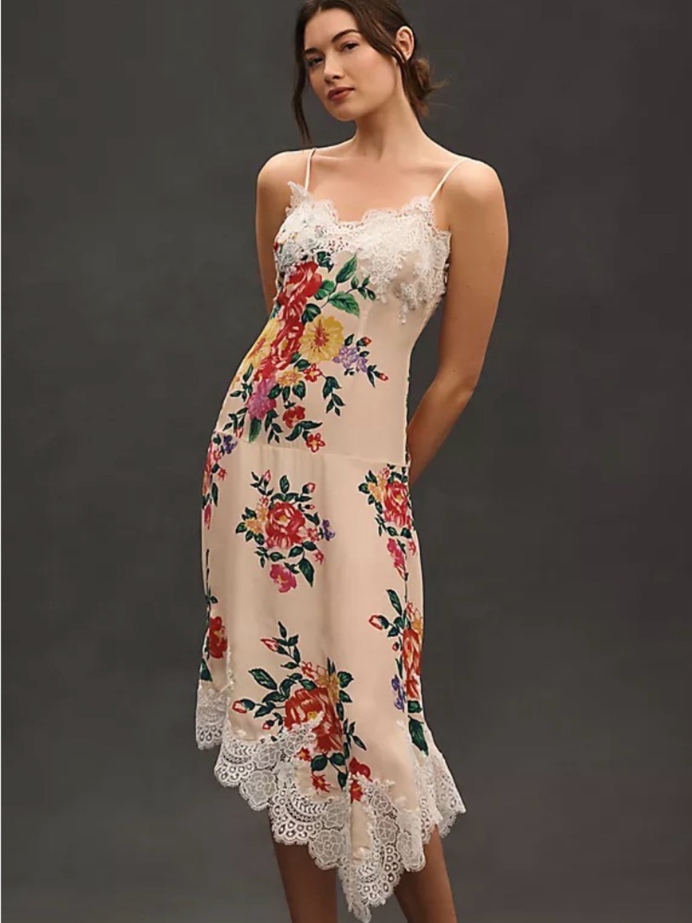 Anthropologie Cream Floral Lace-Trim Slip Midi Dress